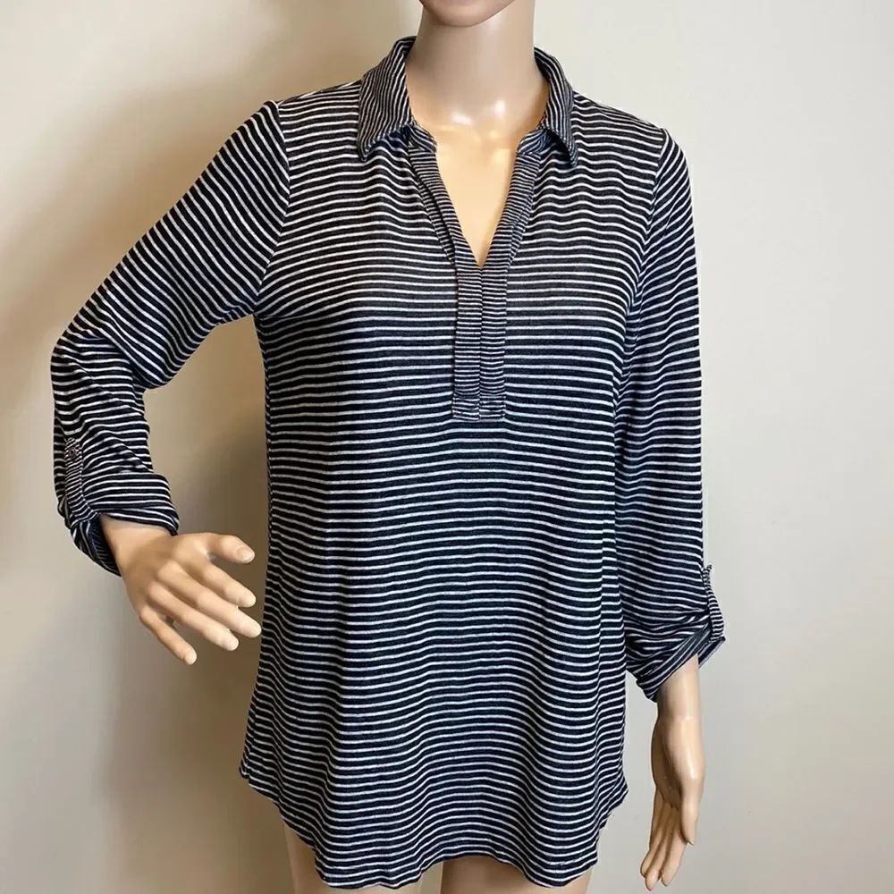 J. Jill striped long sleeve collared soft knit jersey top size S